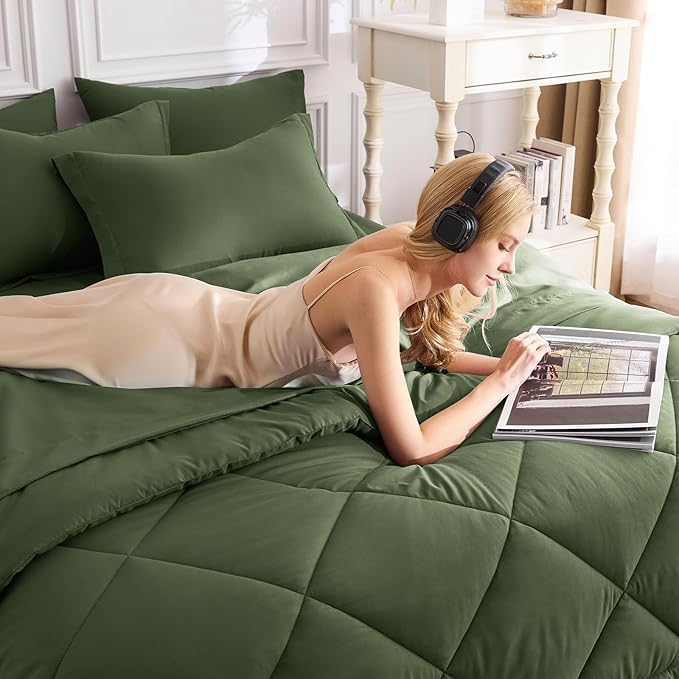 CozyLux Queen Comforter Set Olive Green - Image 7