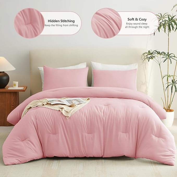 CozyLux King Size Comforter Set Pink, 3 Pieces Solid Comforters King Size - Image 2