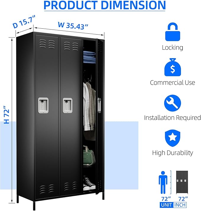 SUPEER 3 Doors Metal Lockers for Employees with Lock, Metal Locker with 9 Hooks for School Garage Office Gym Home,Assembly Required,Black