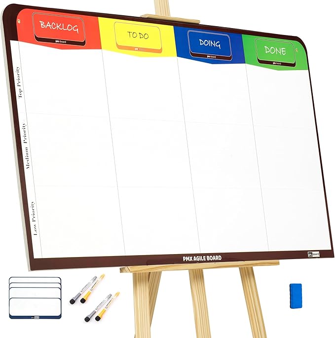 PMXBOARD Magnetic Kanban & Scrum Board – Lightweight Agile Whiteboard with Customizable Headlines | Project Planning Board for Home, Office & School | Includes Easel, Markers, Eraser & Wall Mount Kit