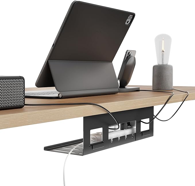 PEGZONE Under Desk Cable Management Tray, 15.7 Inches Metal Cord Organizer Rack, Desk Tray for Power Strip, Cord, Wire, Easy Mounting Cable Management Under Table for Home Office, Black