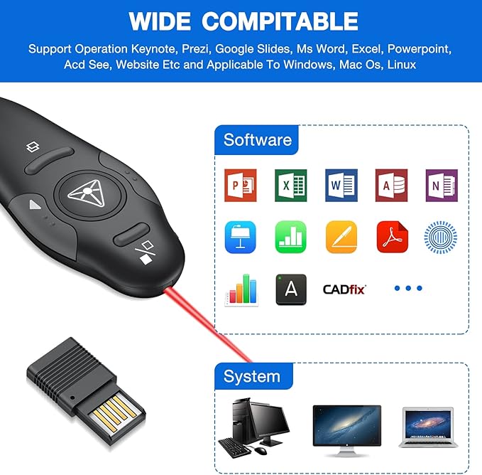Presentation Clicker Wireless Presenter Remote USB Control Powerpoint PPT Clicker, Laser Pointer RF 2.4GHz Presenter Remote Google Slide Advancer Powerpoint Clicker for Computer/Laptop/Mac/Keynote