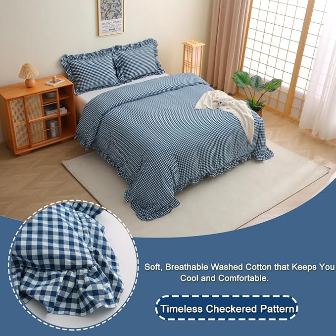 Silnuo Navy Blue/White Plaid Ruffle 3-Piece Duvet Cover Set Queen Size - Image 3