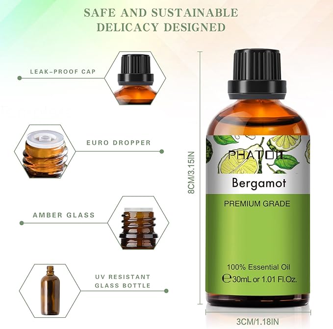 Bergamot Essential Oil 1.01fl.oz/30ml, PHATOIL Bergamot Oils Long Lasting Scents - Image 5