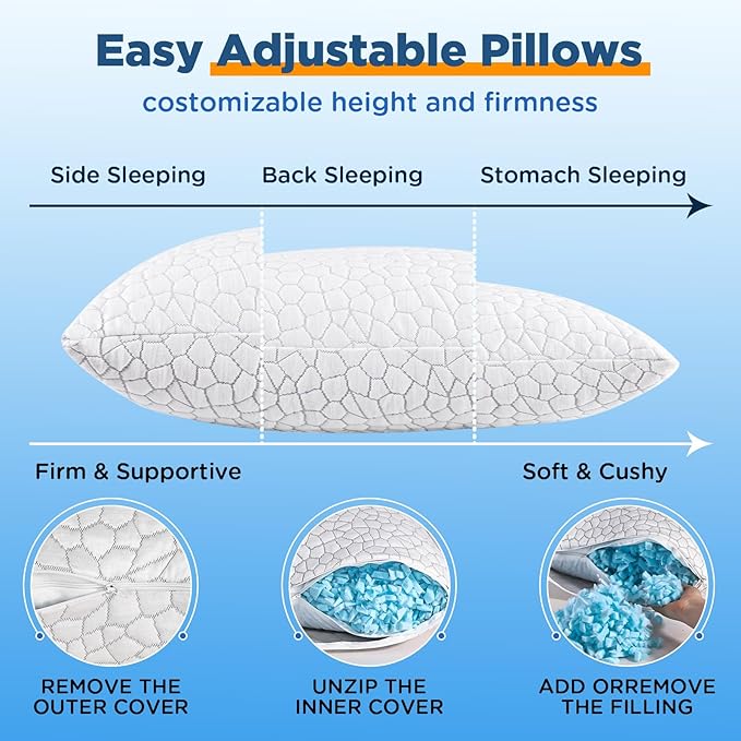 Cooling Pillow Queen Size Set of 2, Adjustable Bed Pillows - Image 6