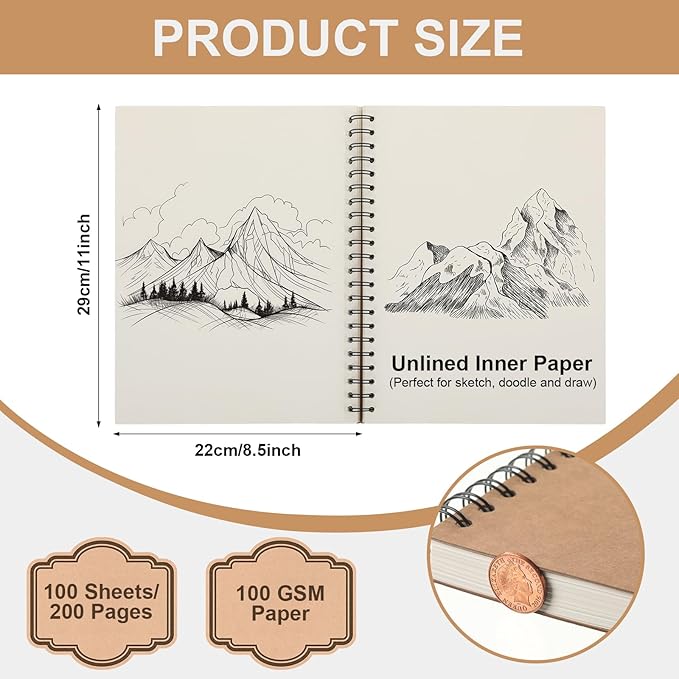 PerKoop 12 Pcs 8.5"x11" Spiral Sketch Pad A4 Large 100 Sheet Blank Notebook Sketch Pads 60lbs (100gsm) Xmas Gifts Sketching Drawing Pad Journals Art Sketchbook for Teachers Students Kids