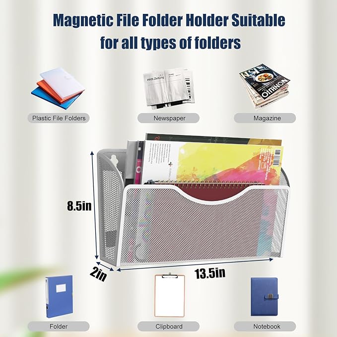 3 Pcs Magnetic File Holder for File Cabinets, Folder Holder Organizer- No Drilling Paper Document Holder, Large Capacity Office Hanging Magazine Rack for Refrigerator, Whiteboard, Office, Kitchen