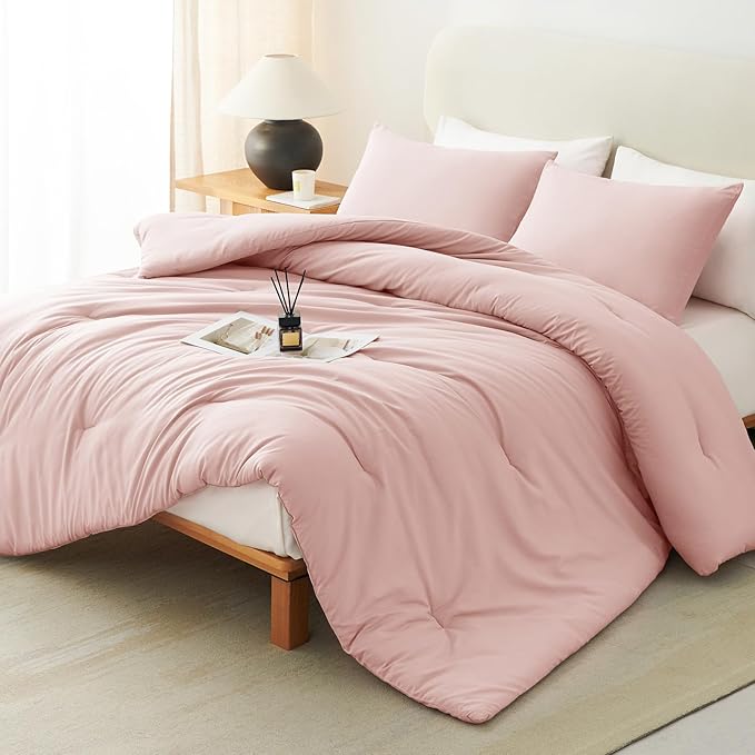 CozyLux Queen Comforter Set Blush Pink, 3 Pieces Solid Comforters Queen Size by CozyLux