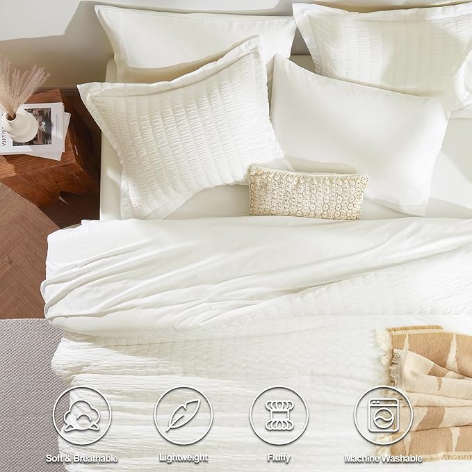 CozyLux King Size Comforter Set Ivory Seersucker 7 Pieces Bed in a Bag King - Image 2