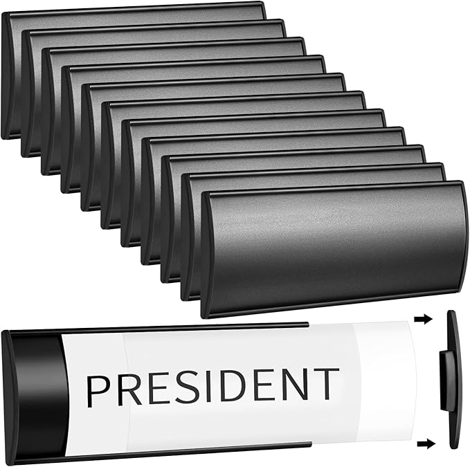 Therwen 12 Pcs Aluminum Office Name Plate Holder for Door Wall Mount 8'' x 3'' Business Sign Holder Office Door Sign Sturdy Curved with Plastic Film and Adhesive Tape (Black)