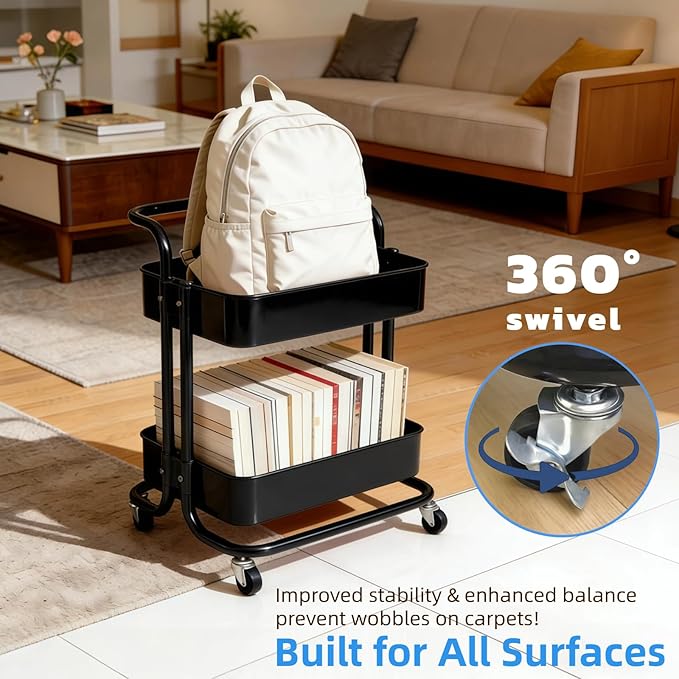 Ufriandz 2 Tier Rolling Utility Cart with Wheels All-Metal Short Pantry Cart Under Desk Storage Trolley with Handle, Small Rolling Storage Shelf for Small Space Kitchen Laundry Room Bathroom, Black