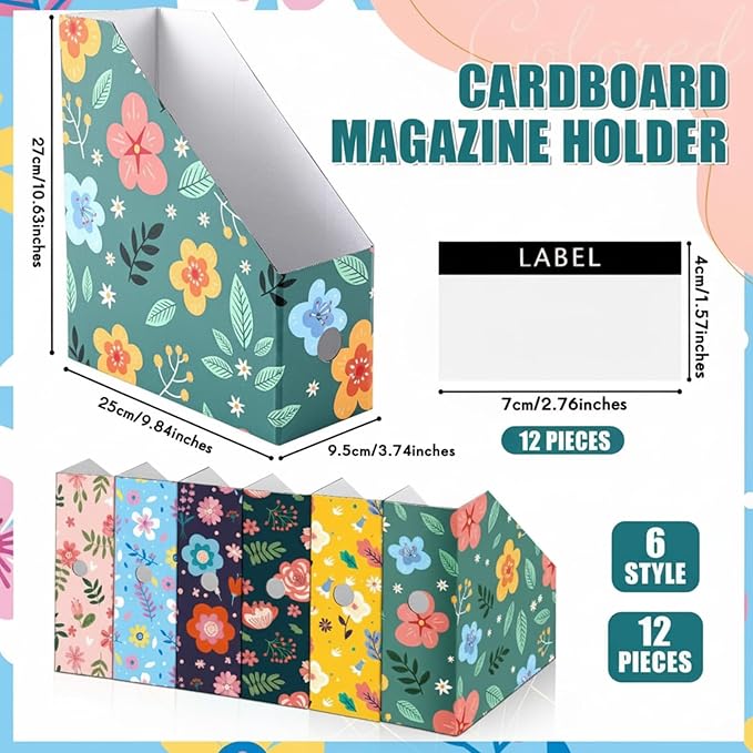 PerKoop 12 Pcs Magazine File Holder Foldable Decorative Cardboard File Folders 6 Patterns Floral Colored Magazine Rack with Printable Sticker Labels for School Office Home Desk (Flower Design)