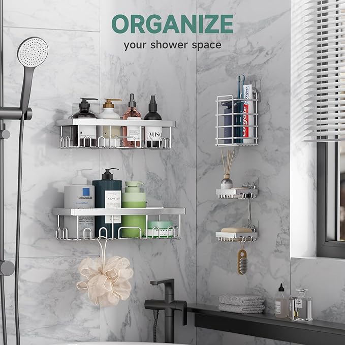 Veken Adhesive Shower Caddy 5-Pack, Heavy Weight Bearing, Large Wall Mounted - Image 4