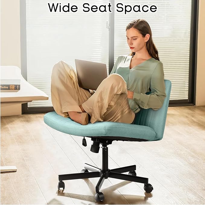 PUKAMI Criss Cross Chair with Wheels,Fabric Padded Armless Cross Legged Office Desk Chair for Home Office,Modern Swivel Height Adjustable Wide Seat Computer Task Vanity Chair(Mint Green)