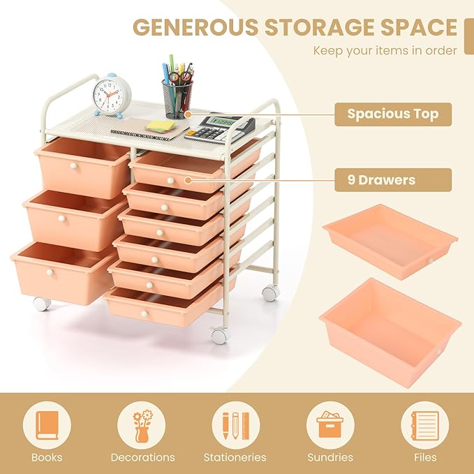 GOFLAME 9-Drawer Rolling Storage Cart, Mobile Utility Cart with Removable Drawers & Metal Frame, Art Craft Organizer Cart with Lockable Wheels, Storage Drawer Cart for Home Office School, Peach Fuzz