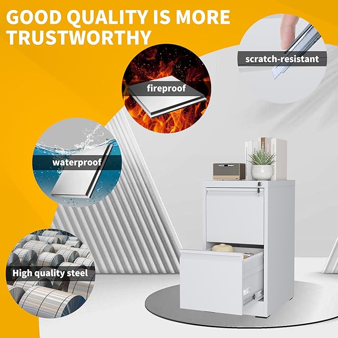 Reegangfa 2 Drawer File Cabinet with Lock, Metal Vertical Filing Cabinet, Lockable Heavy Duty Steel Small File Cabinets for Home Office, for A4 Legal/Letter Size Storage, White, Assembly Required