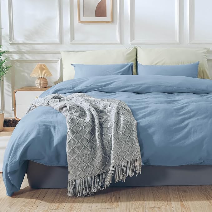 NEXHOME PRO Duvet Cover Set 100% Washed Cotton Full Size Linen Feel Textured - Image 2