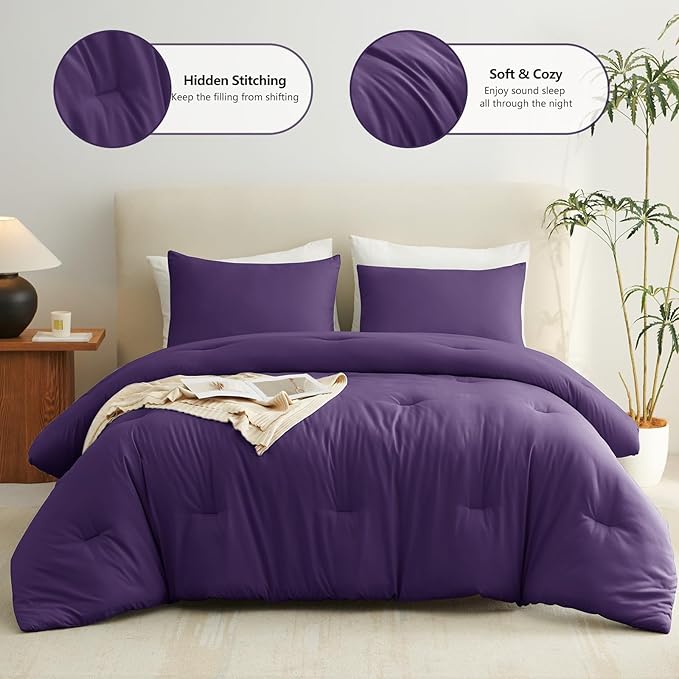 CozyLux Full Size Comforter Set Purple, 3 Pieces Solid Breathable Quilted - Image 2