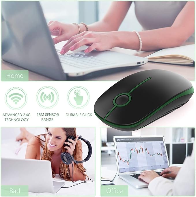 VssoPlor Wireless Mouse, 2.4G Slim Portable Computer Laptop Mouse with Nano Receiver Quiet Silent Optical Mice for Notebook, PC, Laptop, Computer-Black and Green