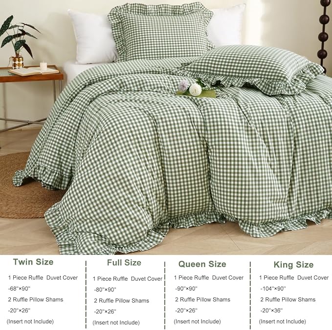 Silnuo Sage Green/White Plaid Ruffle Duvet Cover Full Size, 100% Washed Cotton - Image 4