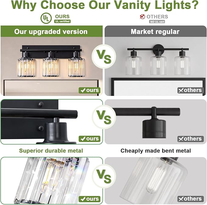 Vanity Light, 3-Light Modern Crystal Black Bathroom Light - Image 3