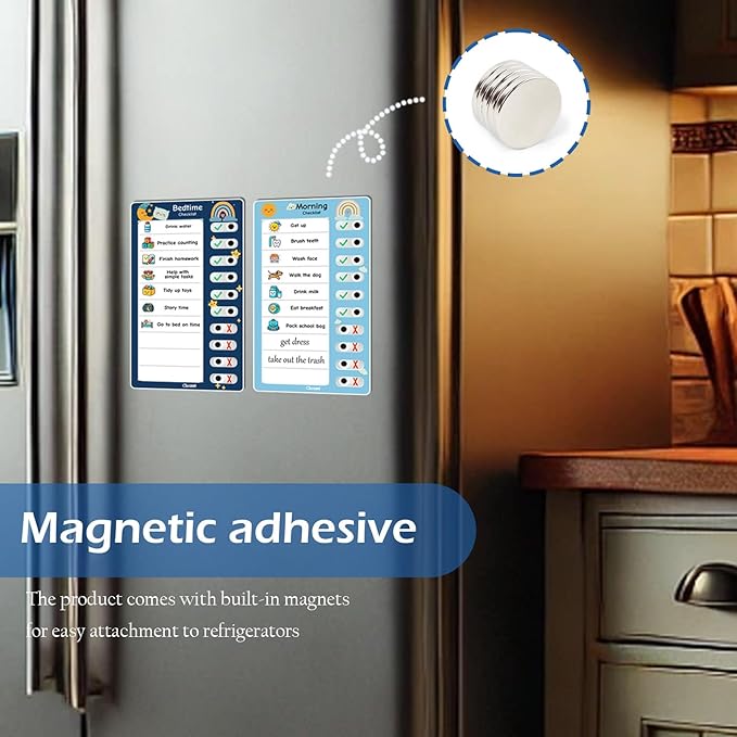 2PCS Magnetic Visual Chore Chart for Kids, Schedule Checklist for Kids, Kids to Do Task (1 Morning Checklist Boards, 1 Bedtime Checklist Boards) (Blue)