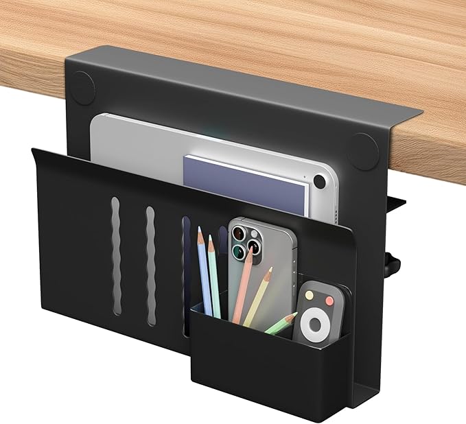 Henitol Desk Side Storage with Pen Holder, No Drill Hanging Desk Organizer Under Desk Storage Mount, Clamp-On Laptop Holder Table Side Tray Desktop Organization for Office and Home (Black)