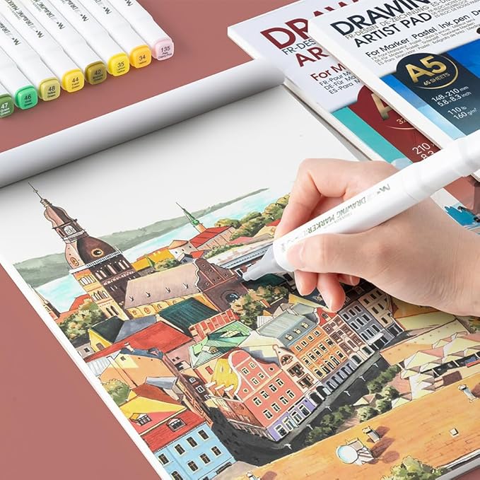 TRANSON Artist Mix Media Sketchbook Marker Pad, 8.3”x11.7” 32 Sheets A4 Art Papers, 110lb/160gsm for Painting, Drawing and Sketching