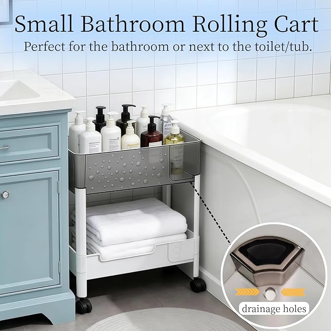 LiWNYRK 2 Tier Rolling Cart with Wheels for Under Desk Storage, Heavy Duty Plastic Short Small Utility Cart for Small Space Pantry Room Kitchen Laundry Bathroom, 4.7'' Deep Baskets for Tall Bottles