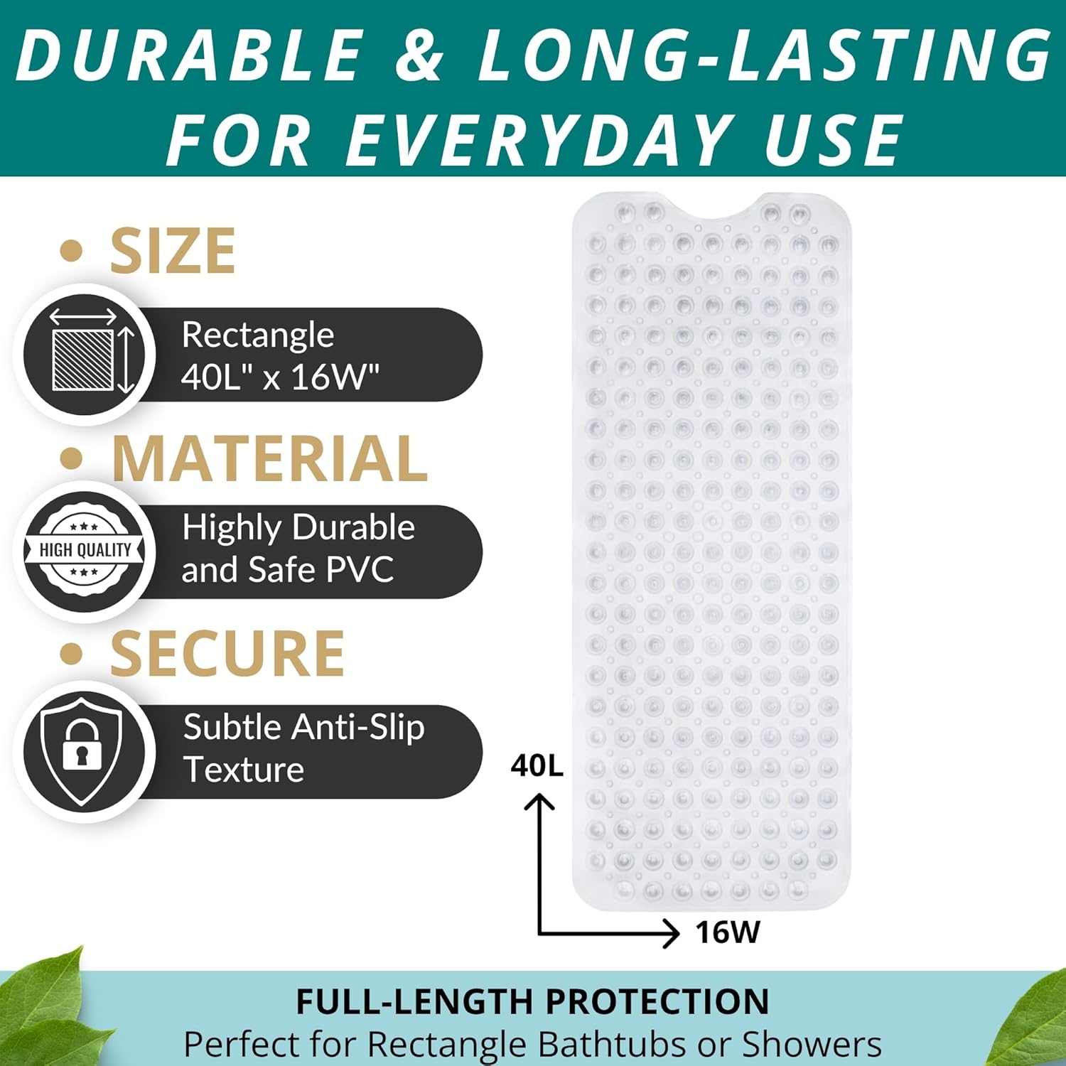 ENKOSI Bath Mat – 40 x 16 Inch Extra Long Non Slip Bathtub Mat – Anti Slip Clear Shower Mat with Suction Cups and Drain Holes – Bathroom Mat for Bath Tub and Smooth Shower Floors (40x16 Clear)