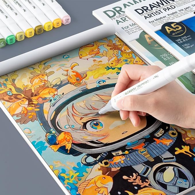 TRANSON Artist Mix Media Sketchbook Marker Pad, 5.8”x8.3” 65 Sheets A5 Art Papers, 110lb/160gsm for Painting, Drawing and Sketching