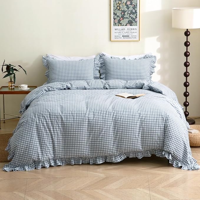 Silnuo Light Blue/White Plaid Ruffle Duvet Cover Queen Size, 100% Washed Cotton by Silnuo