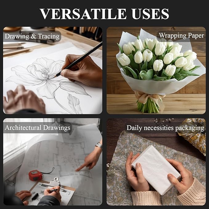 SuFly Tracing Paper Roll, 12 Inch x 50 Yards Trace Paper Roll, 32 lb White Art Paper Translucent Pattern Paper for Sewing, Drawing, Sketching, and Gift Wrapping.