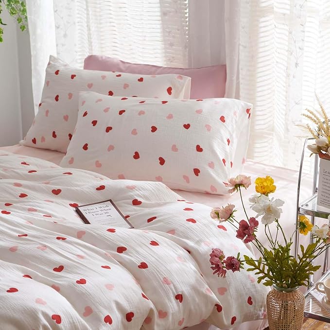 Nayoroom Heart Duvet Cover Full Size Red Pink Hearts Printed on White Coquette - Image 3