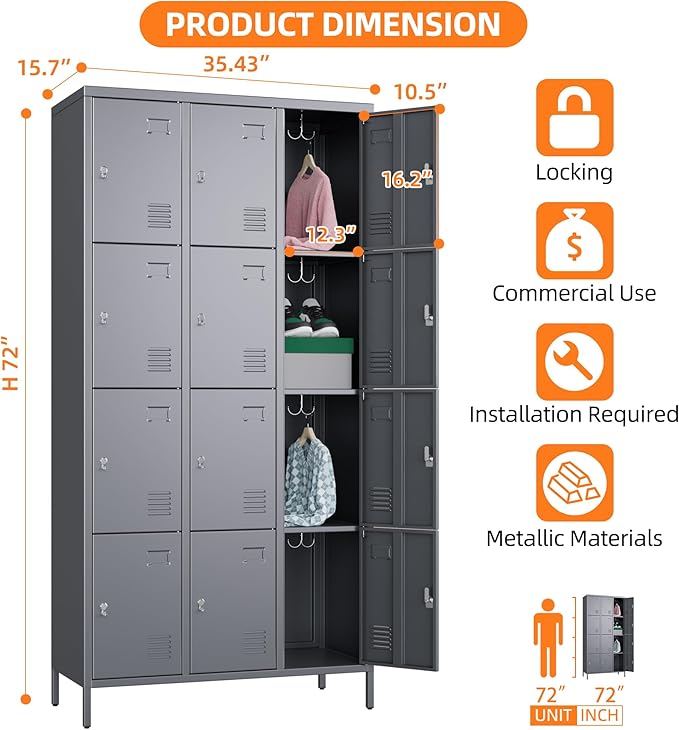 SUPEER Metal Lockers for Employees with 12 Door and 12 Hooks,Metal Storage Locker with Lock for School Office Gym Bedroom,Assembly Required,Dark Grey