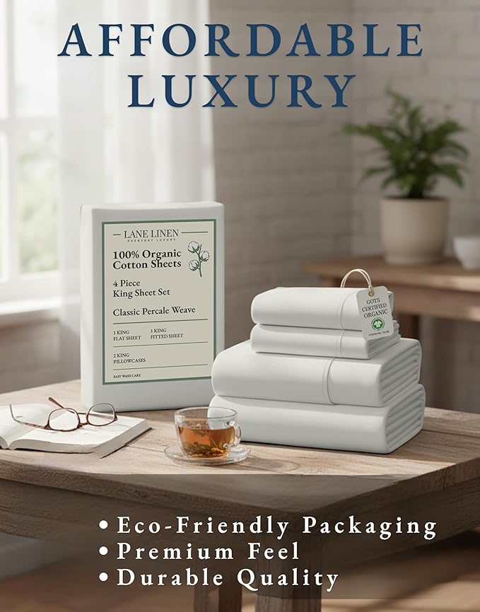 LANE LINEN 100% Organic Cotton King Bed Set, 4-Piece Cotton Bed Sheets - Image 8