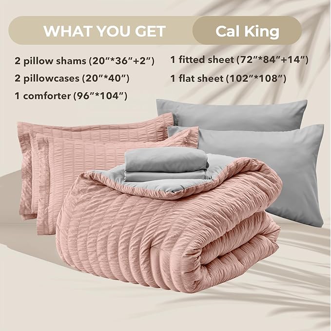HYMOKEGE Rose Gold/Light Grey California King Comforter Set Seersucker 7 Pieces - Image 6