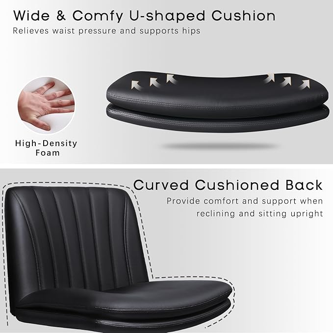 PUKAMI Criss Cross Chair with Wheels,PU Leather Armless Cross Legged Office Vanity Desk Chair for Home Office,Modern Swivel Height Adjustable Wide Seat(Black)