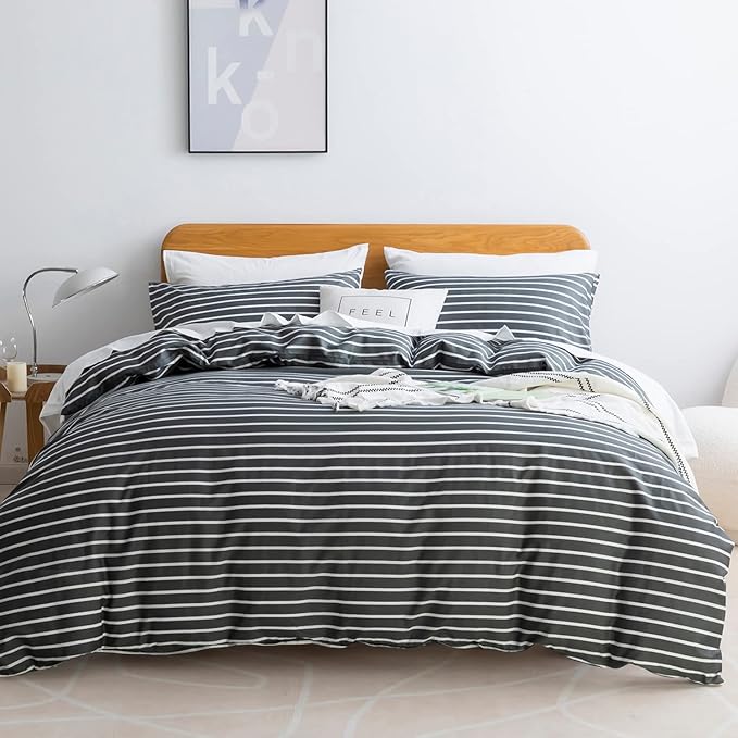 JELLYMONI 100% Natural Cotton 3pcs Striped Duvet Cover Sets, Dark Grey Duvet by JELLYMONI