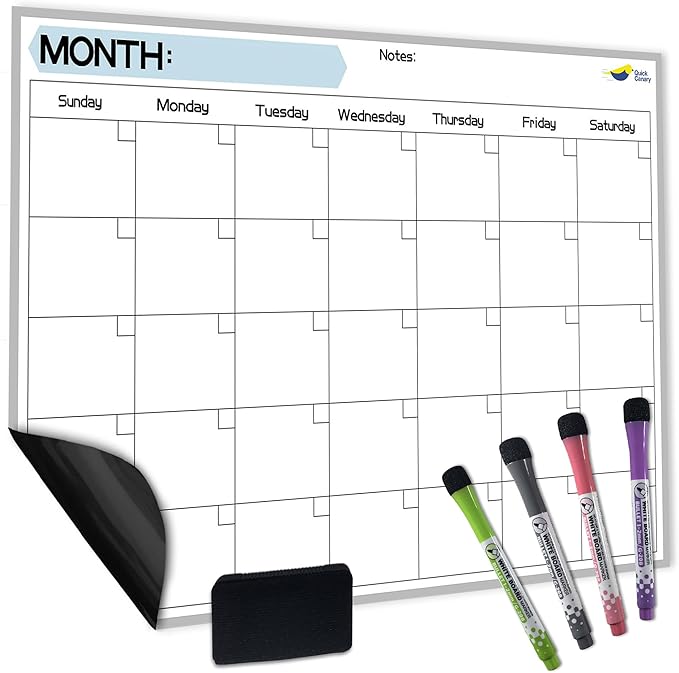 Monthly Magnetic Calendar for Refrigerator - 17x12” Stain-Resistant Dry Erase Fridge Calendar Whiteboard with Large Writing Space for Schedules, Chores & Meals - With 4 Markers & Eraser - Sunday Start