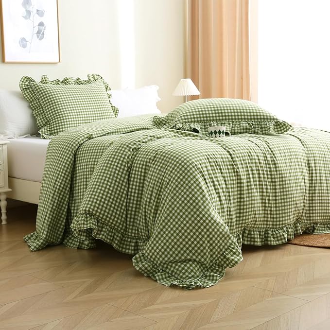 Silnuo Olive Green/White Checkered Ruffle 3-Piece Duvet Cover Set Queen Size - Image 2