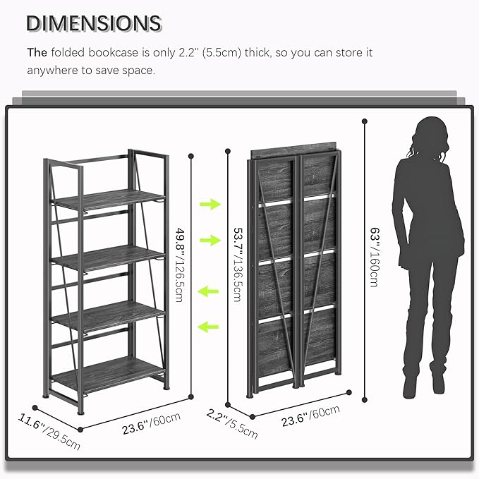 4NM No Assembly Folding Bookshelf Storage Shelves 4 Tiers Vintage Bookcase Standing Racks Study Organizer Home Office (All Black)
