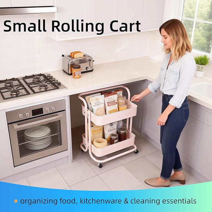 Ufriandz 2 Tier Short Rolling Cart with Wheels All-Metal Pink Pantry Storage for Kitchen,Under Desk Trolley with Handle Small Wheeled Storage Cart for Laundry Room Bathroom, Under Table Small Space