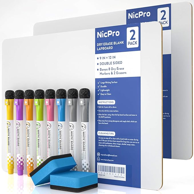 Nicpro Dry Erase Lap Board 9 x 12 inches 2 Pack Double Sided Blank Small Lapboard with 8 Pens, 2 Eraser, Learning Mini Whiteboard Portable Drawing Board for Student and Classroom Use