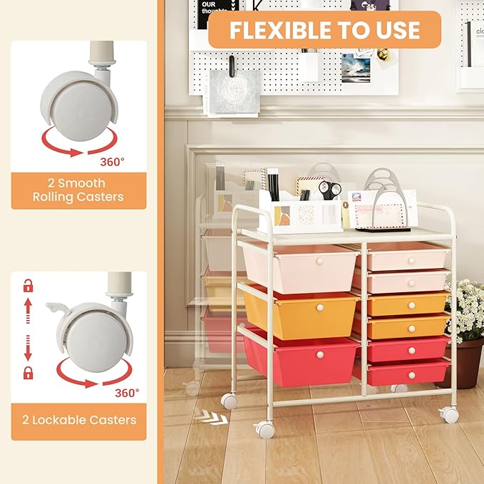 GOFLAME 9-Drawer Rolling Storage Cart, Mobile Utility Cart with Removable Drawers & Metal Frame, Art Craft Organizer Cart with Lockable Wheels, Storage Drawer Cart for Home Office, Macaron Color