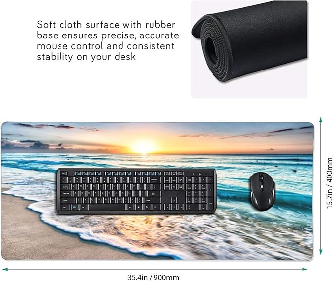 CANFLASHION Gaming Mouse Pad,Large Mouse Pads for Desk,Non-Slip Rubber Base Extended Mousepad,XXL Keyboard Mouse Mat,Stitched Edges Computer Keyboard Desk Pad,35.4x15.8inch,Beautiful Sunrise Beach