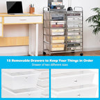 GOFLAME 15-Drawer Rolling Storage Cart, Craft Storage Cart with Removable Drawers & Lockable Wheels, Art Cart Supply Storage Organizer for Home Office Classroom, Clear