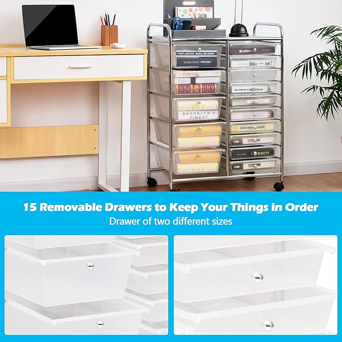 GOFLAME 15-Drawer Rolling Storage Cart, Craft Storage Cart with Removable Drawers & Lockable Wheels, Art Cart Supply Storage Organizer for Home Office Classroom, Clear