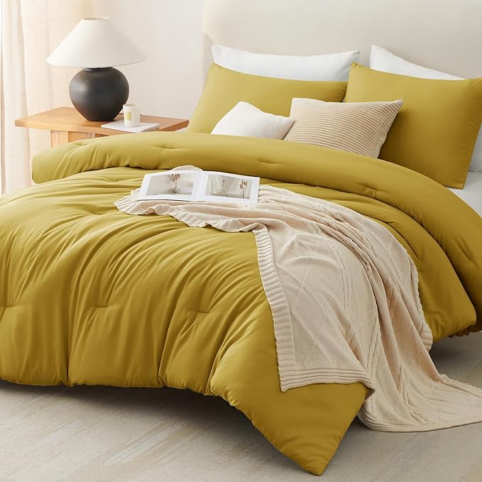 CozyLux Queen Comforter Set Mustard Yellow, 3 Pieces Solid Comforters Queen - Image 9