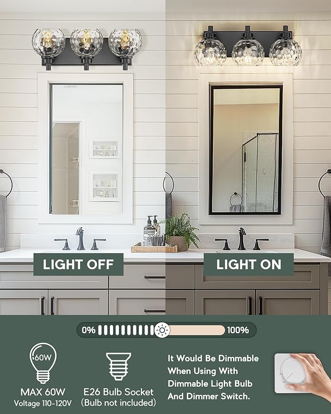 Bathroom Light Fixtures Over Mirror, 3-Light Matte Black Vanity Light - Image 6